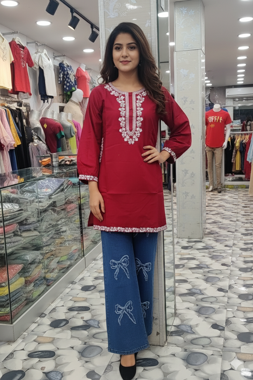 A0152-Tranding Sequence Top With Tai Style Jeans 2pc