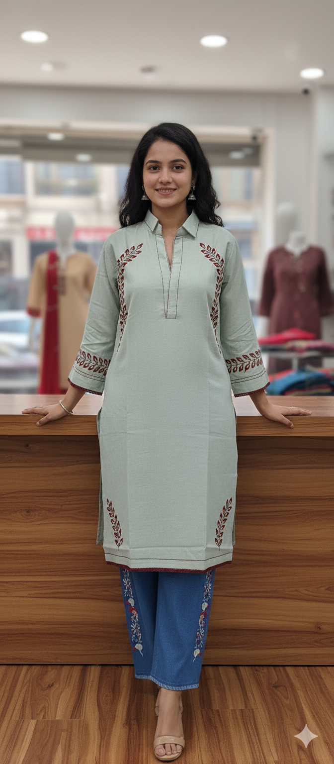 A0314-Stylish Leaf Working Top With Plazo Pent 2pc