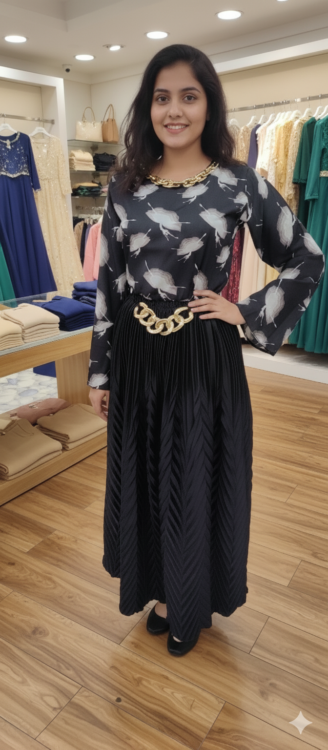 Stylish Silk Skirt Shirr 2pc