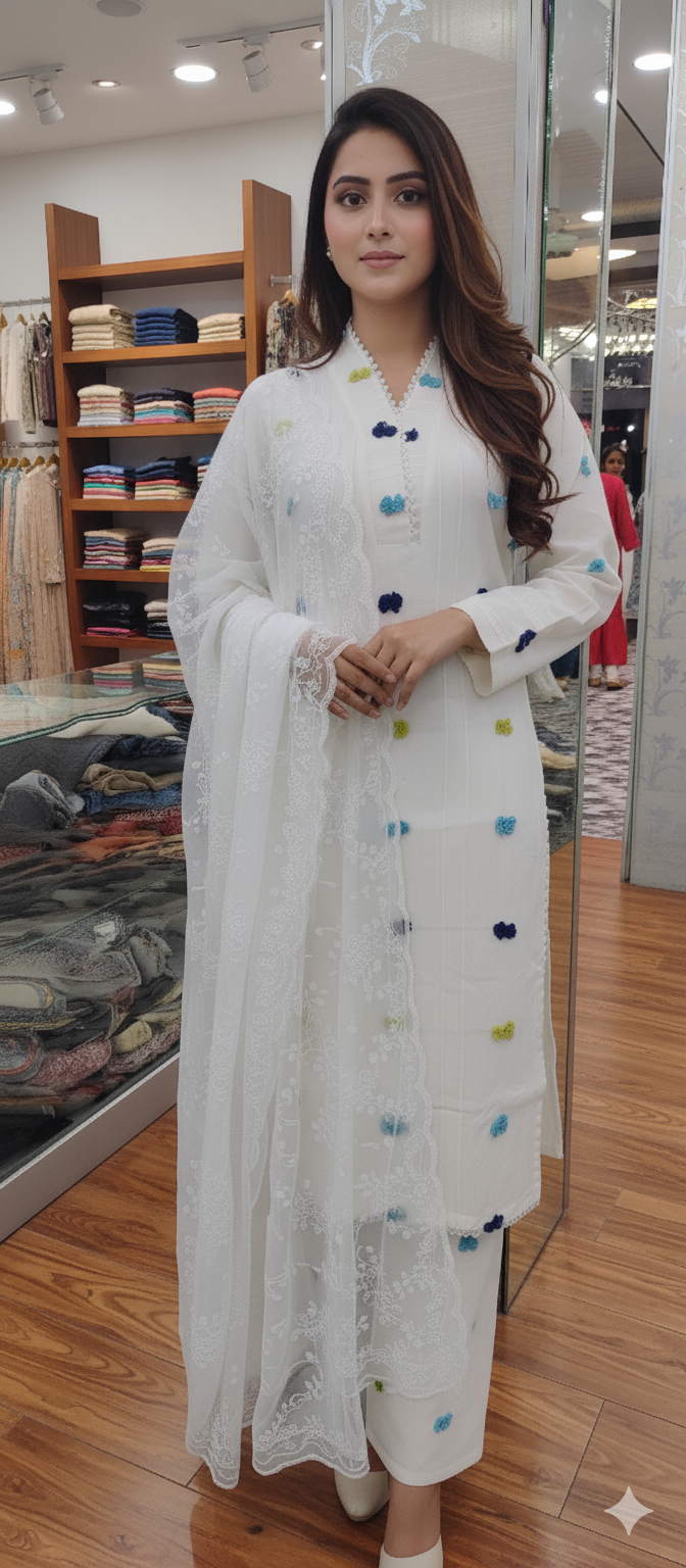 Stylish Khadar Long Shirt With Embroidery Dopata 3pc