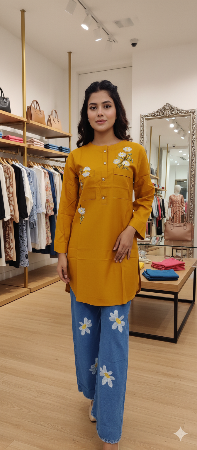 A0187-One Pocket Flower Top With Baggy Jeans 2pc