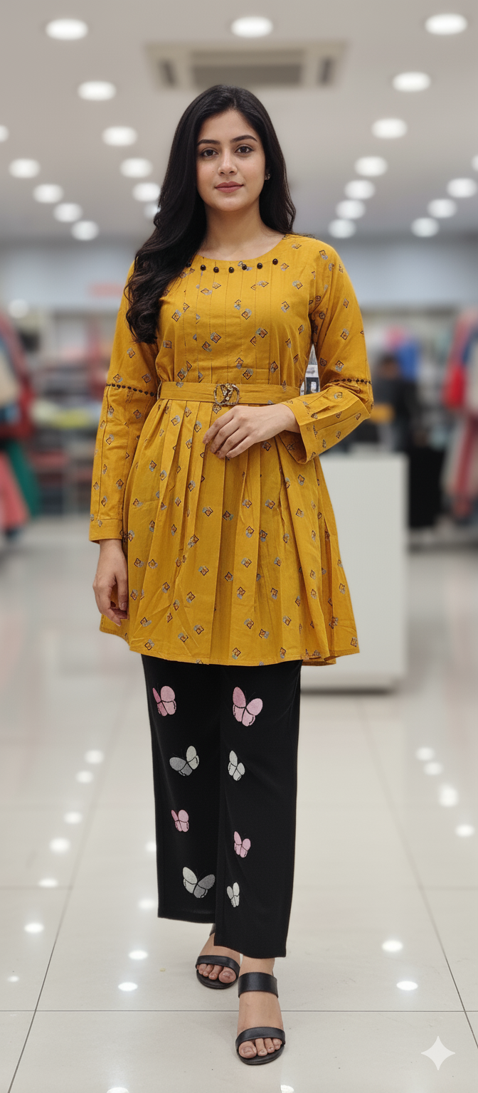 A0048-Stylish Belt Frock With Baggy Butterfly Jeans 2pc