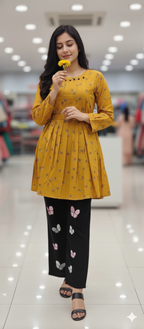 A0048-Stylish Belt Frock With Baggy Butterfly Jeans 2pc