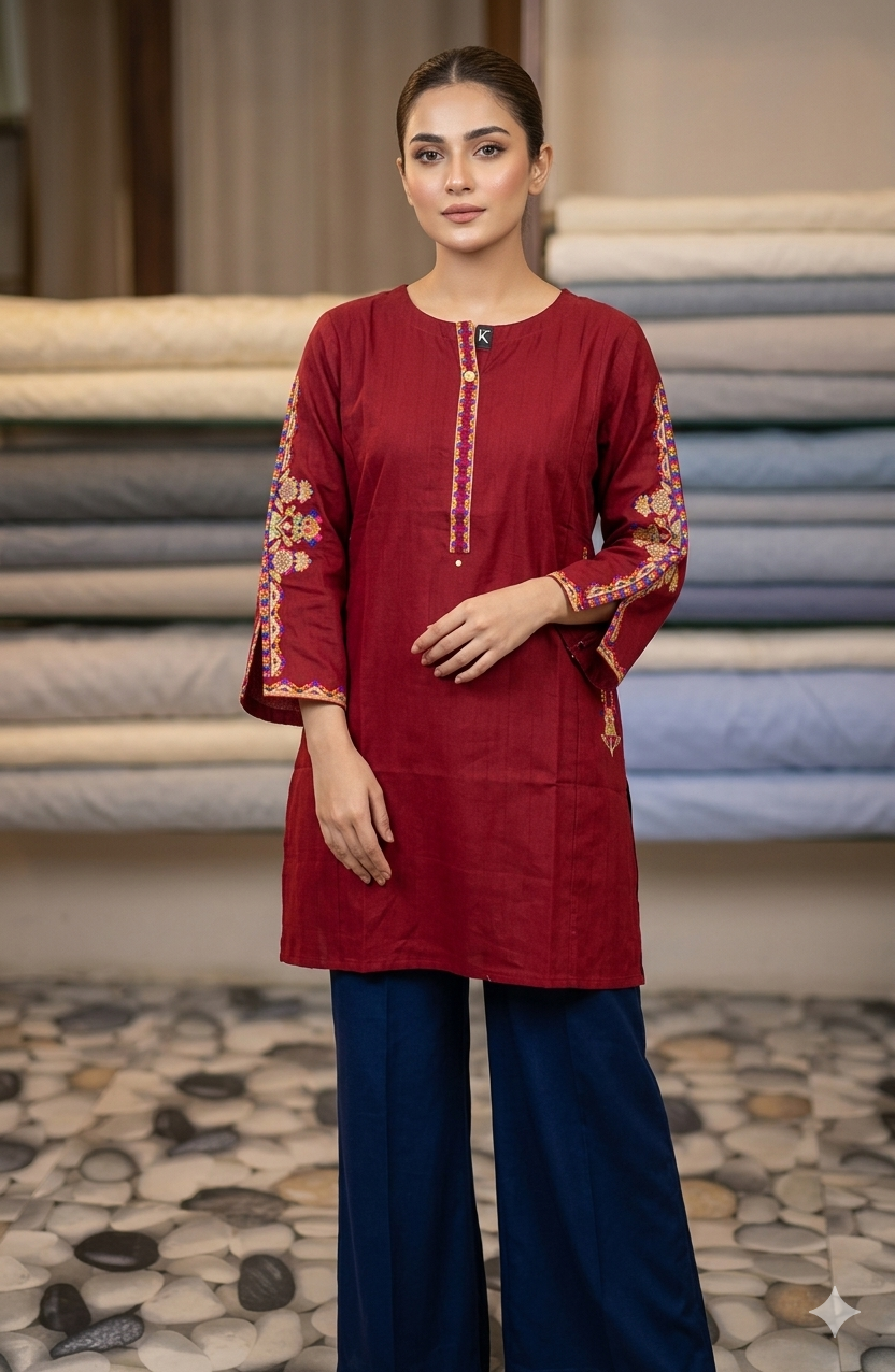 Classy Maroon casual single shirt Embroidery work