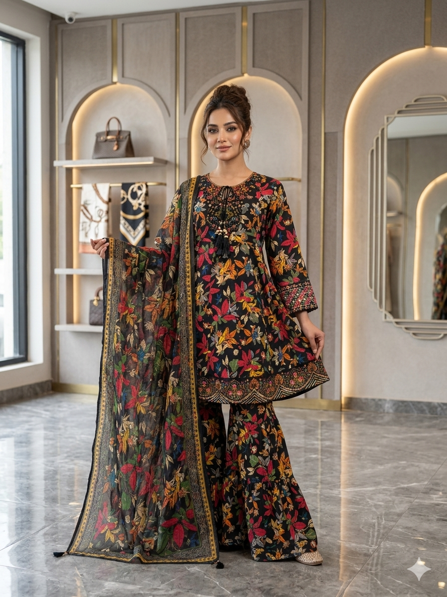 Beautiful printed & embroidery  Sharara 3pc