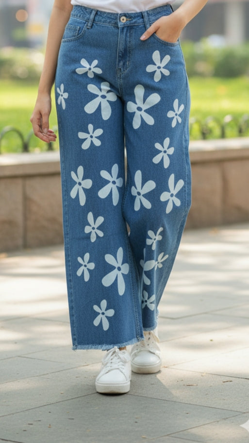 Stylish Flower Print Jeans