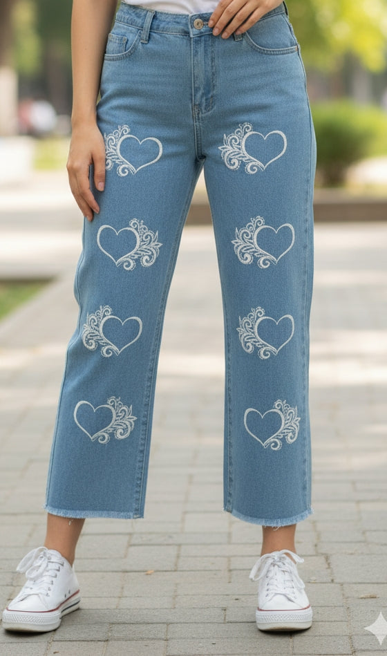 Stylish Heart Print Jeans