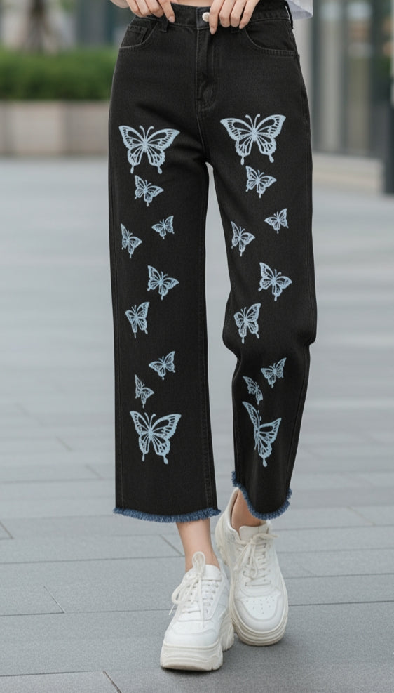 Black Butterfly Print Baggy jeans