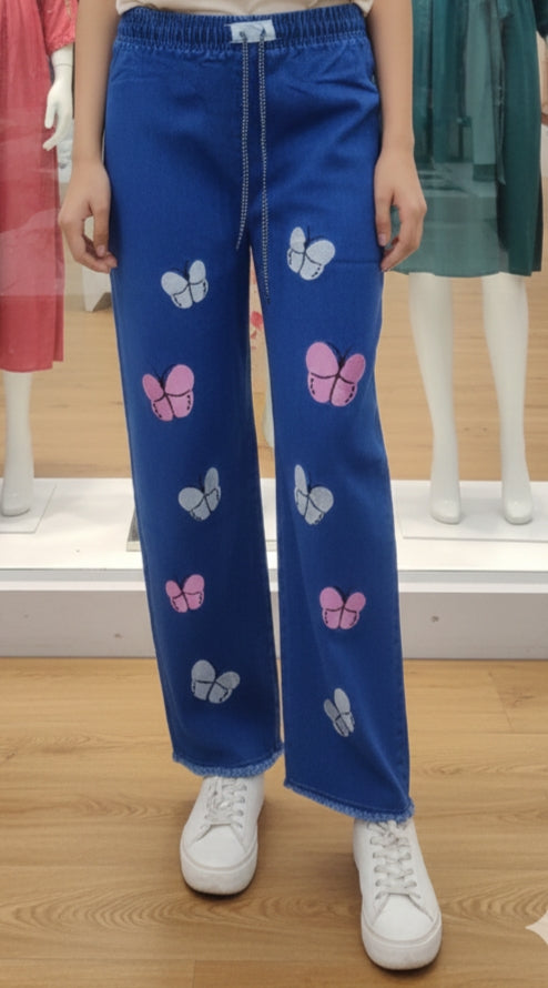 Mid Blue Butterfly Embroidery Lastic Jeans