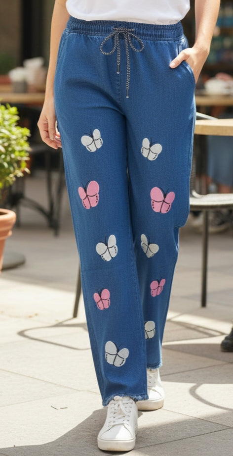 Mid Blue Butterfly Embroidery Lastic Jeans