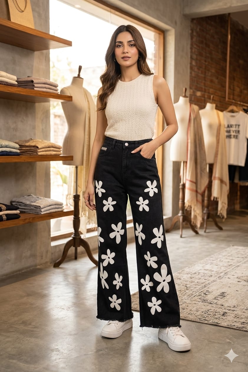 Black Flower Jeans