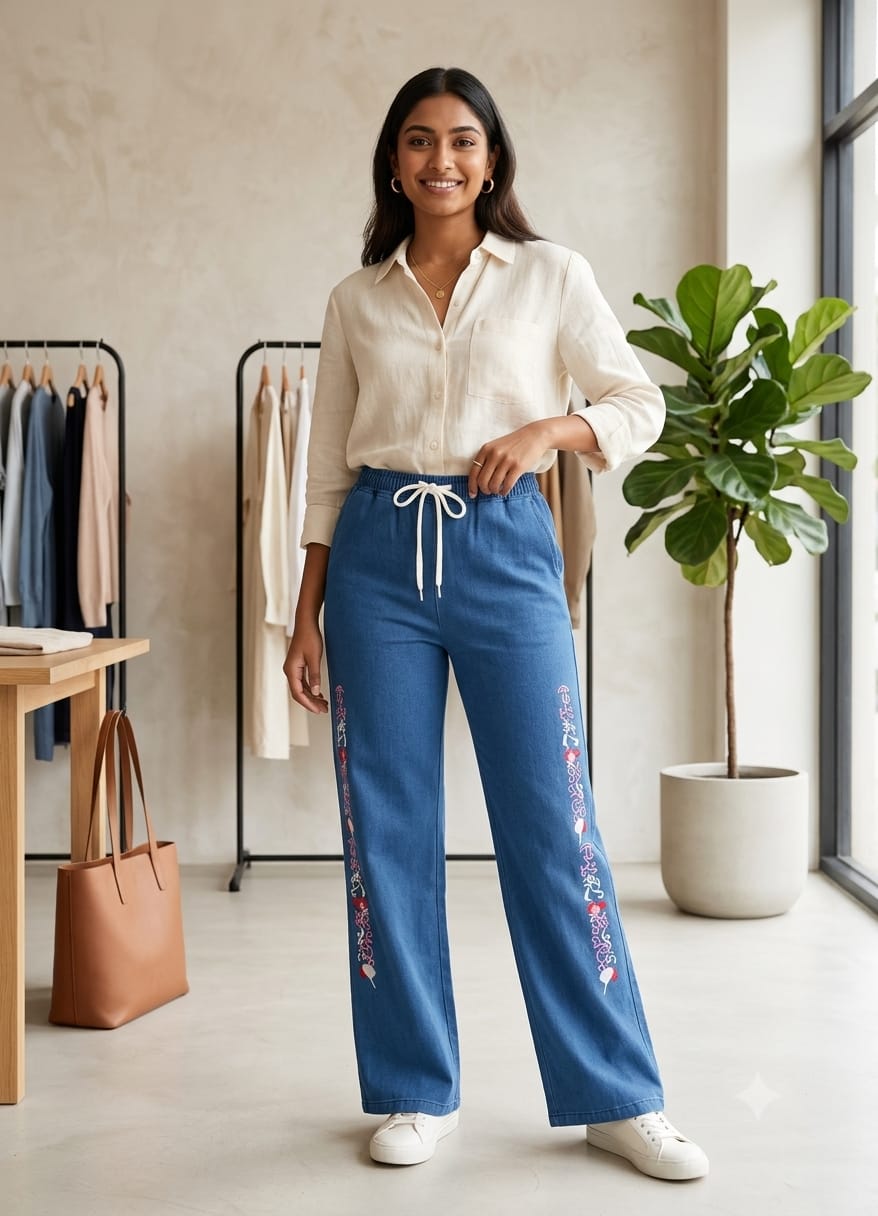 Side embroidery jeans mid blue