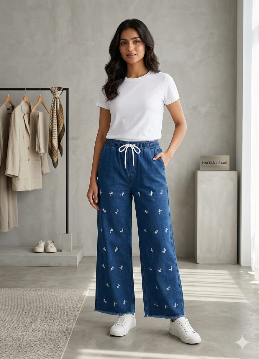 White bow jeans mid blue