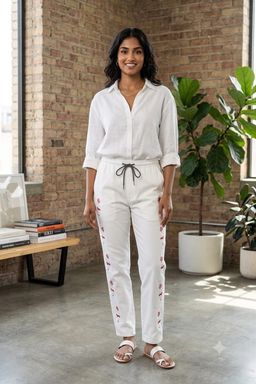 Side embroidery jeans white