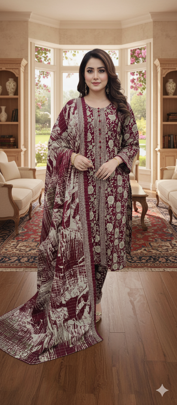 BinSaeed Long Frock With Wool Shal 3pc