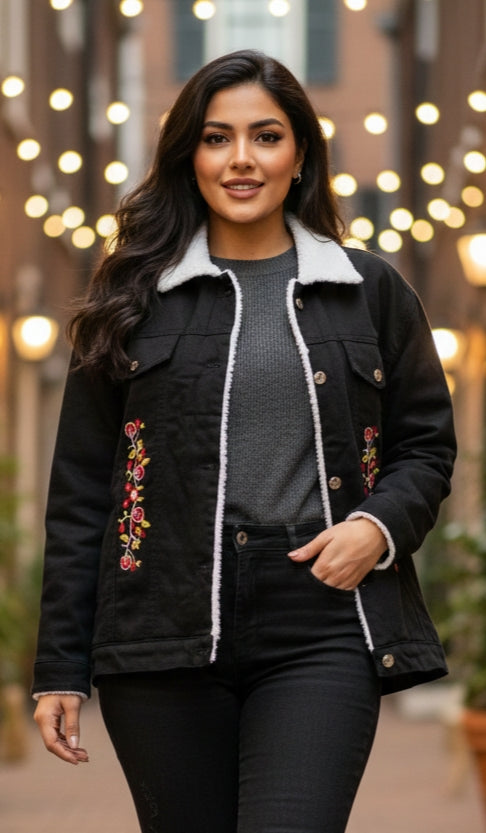 Fur Embroidery Denim Jacket